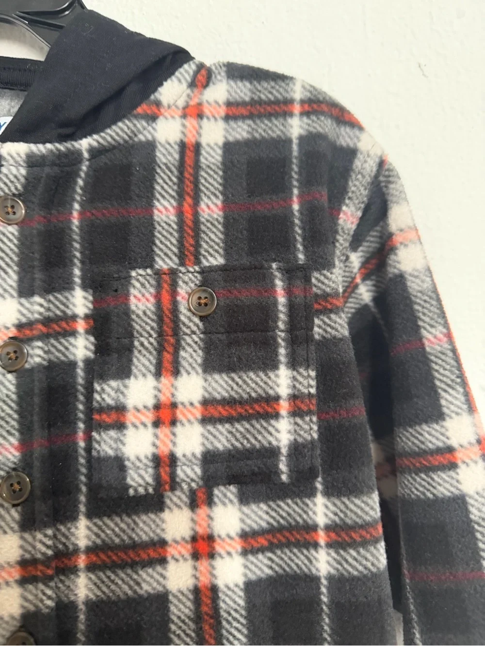 Old Navy Black White Fleece Plaid Button-Front Hooded Shirt
